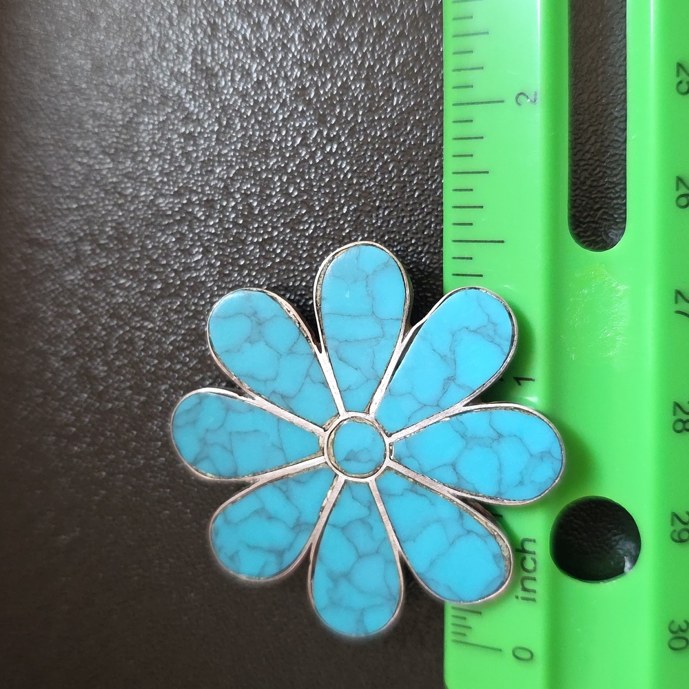 Turquoise Sterling Vintage Flower Silver Pendant and Brooch - Picture 7 of 7
